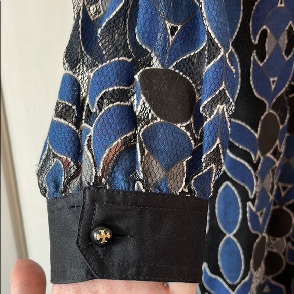 Tory Burch Elegant Blue and Black Geometric Sheath Midi Dress - Size Large - Picture 4 of 12